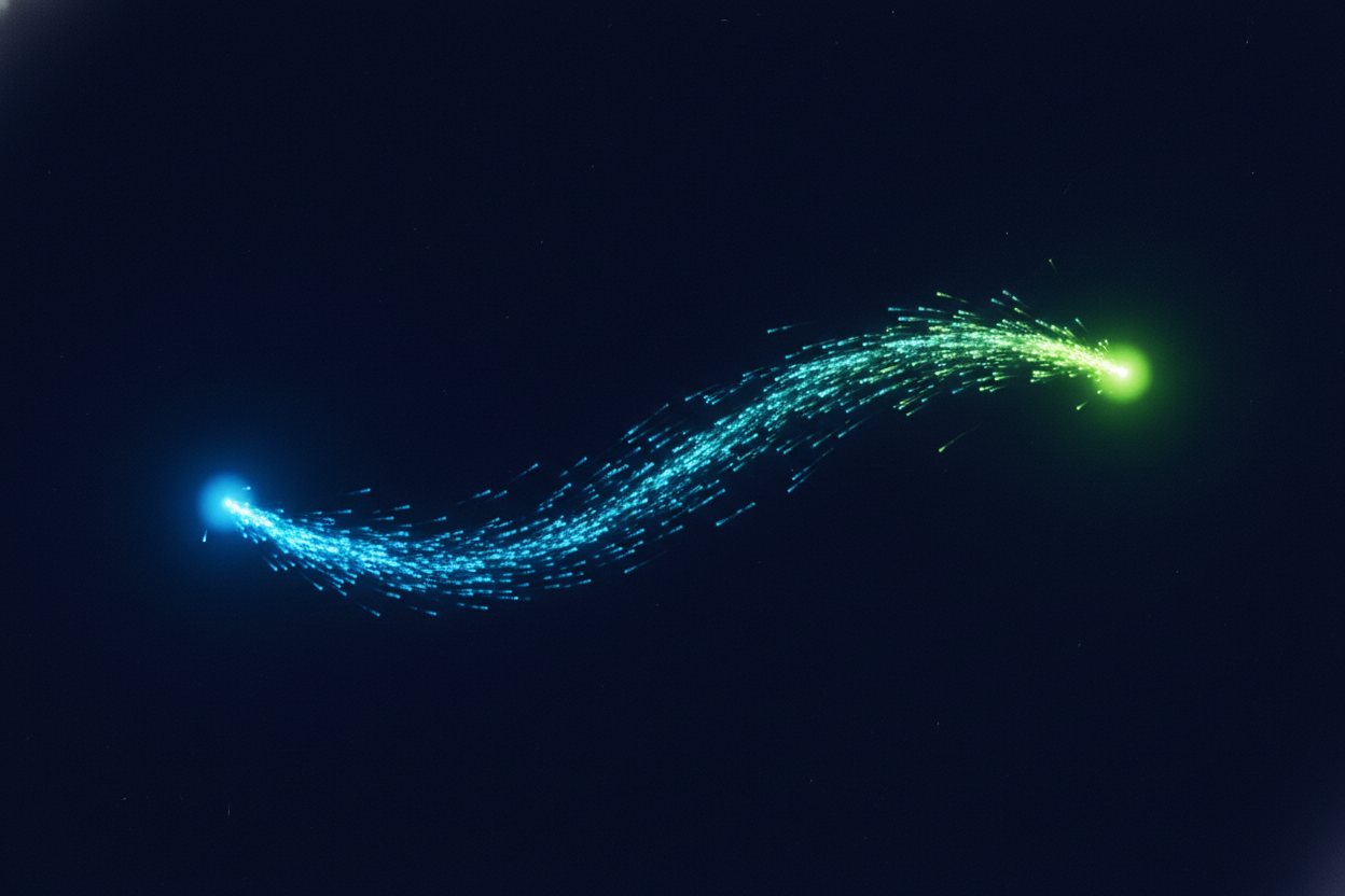 Abstract glowing data particles streaming between two nodes in blue and lime.