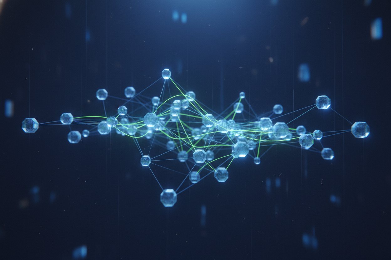 An abstract network of glowing nodes and connecting paths in blue and lime.