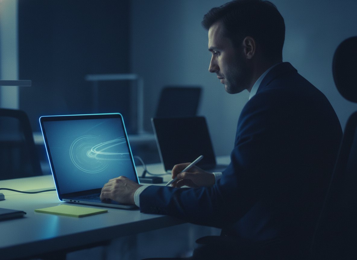 A calm professional overseeing a migration on a laptop in a softly lit room.