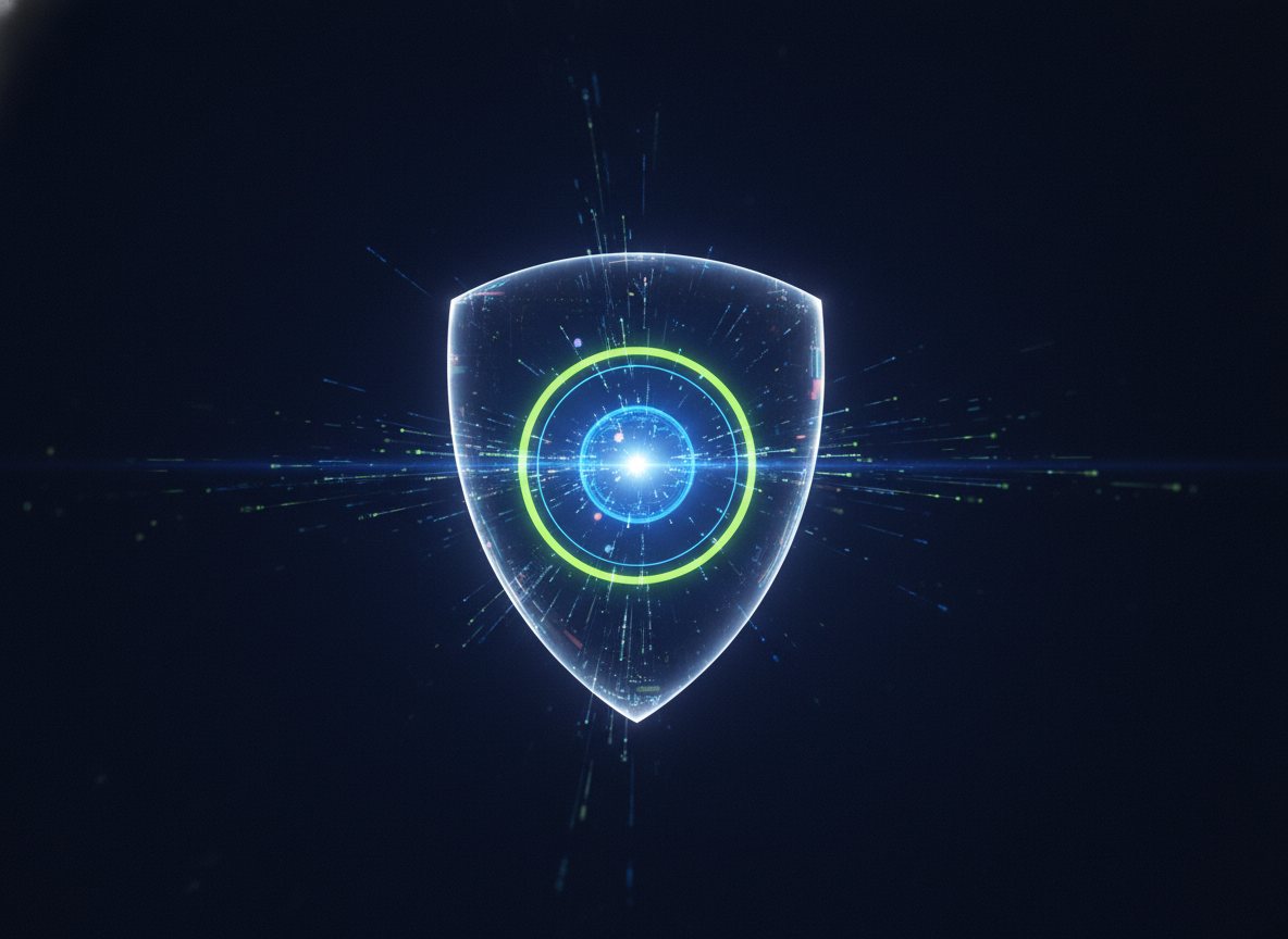 An abstract protective shield of light and data particles in blue and lime.